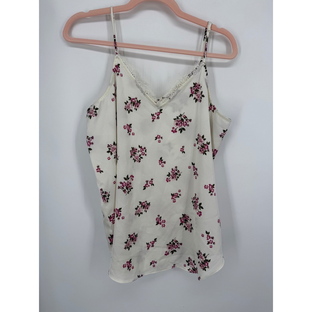 Floral Lace Trim Camisole Women Size M White Pink cottagecore Romantic Casual